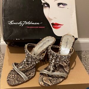 Beverly Feldman Snake Print Heels - Brown and Silver